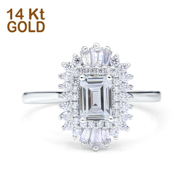 14K White Gold Emerald Cut Vintage Wedding Ring Simulated Cubic Zirconia Size-7